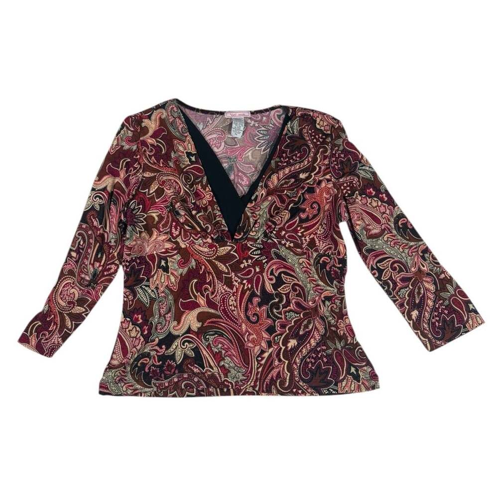 Vol.1 Petite Top Size PL Red Black Paisley V-Neck 3/4 Sleeve